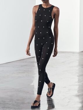 ZARA Sheer Mesh Rhinestone Catsuit Jumpsuit NWT